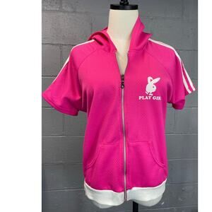 Vintage Y2K Hot Pink Short Sleeve Zip Front Color Block "Play Girl" Hoodie